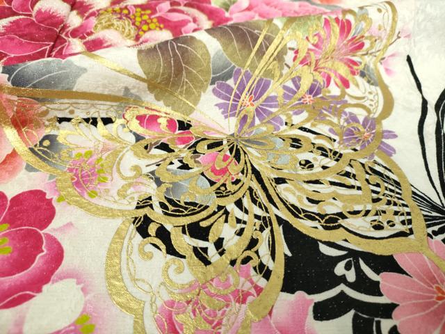 平和屋着物●豪華振袖　刺繍　舞蝶花文　金彩　銀通し地　正絹　逸品　DABF7815ps