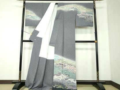 平和屋着物●中国三大刺繍　相良刺繍　訪問着　おぼろ染め　襲絞り　立波松竹梅　銀通し地　正絹　逸品　DABF7820ps