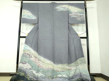 平和屋着物●中国三大刺繍　相良刺繍　訪問着　おぼろ染め　襲絞り　立波松竹梅　銀通し地　正絹　逸品　DABF7820ps