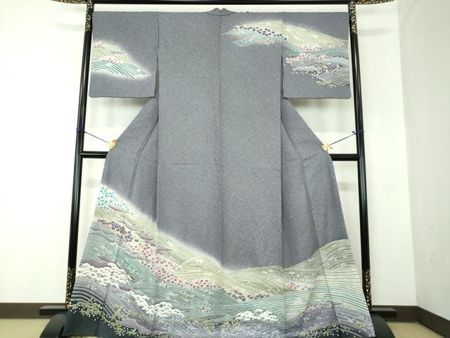平和屋着物●中国三大刺繍　相良刺繍　訪問着　おぼろ染め　襲絞り　立波松竹梅　銀通し地　正絹　逸品　DABF7820ps