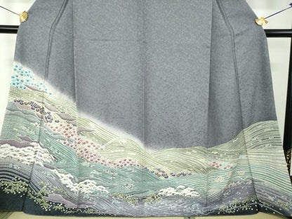 平和屋着物●中国三大刺繍　相良刺繍　訪問着　おぼろ染め　襲絞り　立波松竹梅　銀通し地　正絹　逸品　DABF7820ps