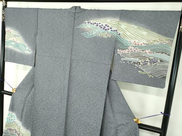 平和屋着物●中国三大刺繍　相良刺繍　訪問着　おぼろ染め　襲絞り　立波松竹梅　銀通し地　正絹　逸品　DABF7820ps
