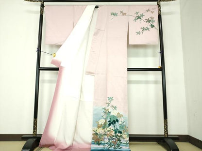 平和屋着物●二代目清次郎　手描き　訪問着　草花文　暈し染め　ロング丈　正絹　逸品　DABF7843ps