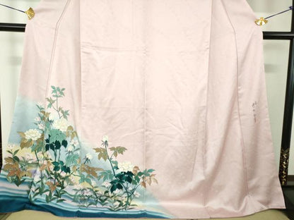 平和屋着物●二代目清次郎　手描き　訪問着　草花文　暈し染め　ロング丈　正絹　逸品　DABF7843ps