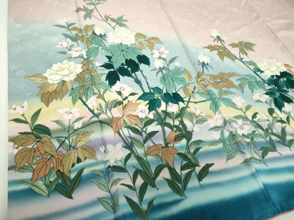 平和屋着物●二代目清次郎　手描き　訪問着　草花文　暈し染め　ロング丈　正絹　逸品　DABF7843ps
