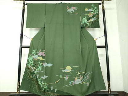 平和屋着物●訪問着　風景飛鶴花文　満月　金彩　正絹　逸品　DABF7854ps