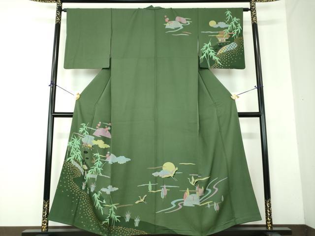 平和屋着物●訪問着　風景飛鶴花文　満月　金彩　正絹　逸品　DABF7854ps