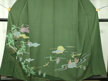 平和屋着物●訪問着　風景飛鶴花文　満月　金彩　正絹　逸品　DABF7854ps