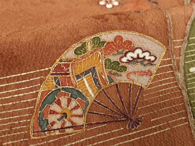 平和屋着物●訪問着　駒刺繍　扇面宝尽くし花文　金彩　正絹　逸品　DABF7855ps