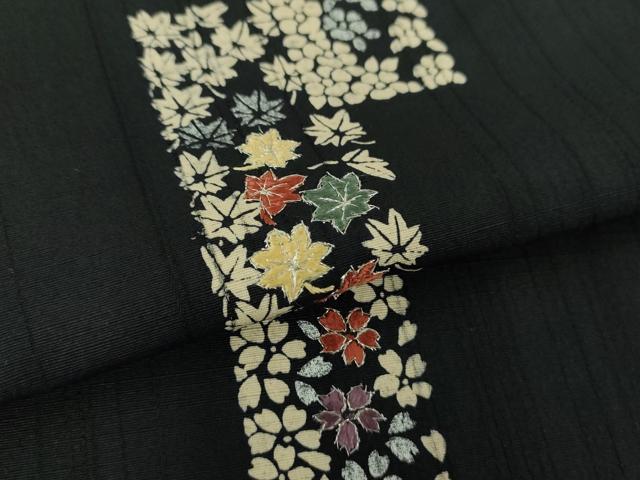 平和屋着物●訪問着　刺繍　桜楓　黒地　銀彩　正絹　逸品　DABF7857ps