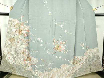 平和屋着物●訪問着　駒刺繍　雲取り立波扇面花文箱　金彩　正絹　逸品　DABF7888ps