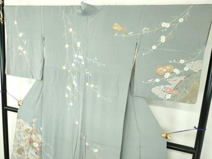 平和屋着物●訪問着　駒刺繍　雲取り立波扇面花文箱　金彩　正絹　逸品　DABF7888ps