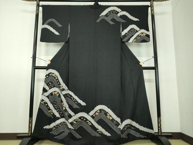 平和屋着物●訪問着　絞り　流水松竹梅　黒地　金彩　正絹　逸品　DABF7895ps