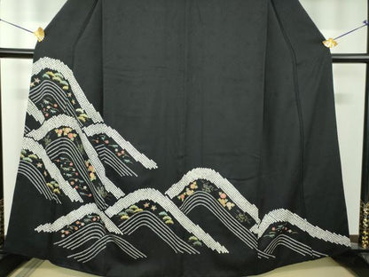 平和屋着物●訪問着　絞り　流水松竹梅　黒地　金彩　正絹　逸品　DABF7895ps