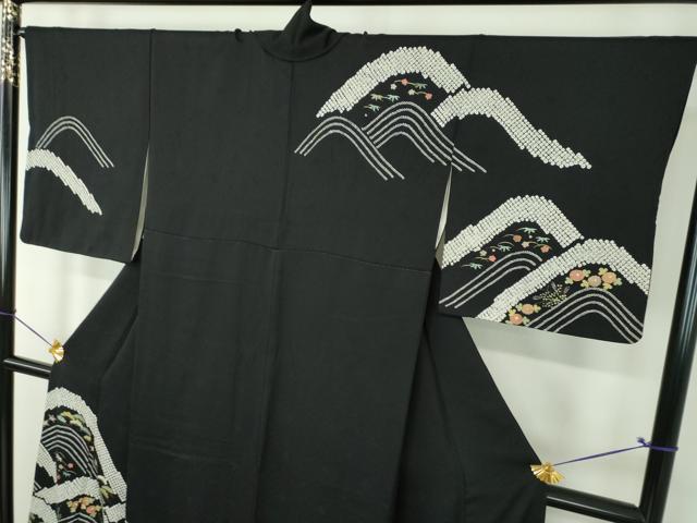 平和屋着物●訪問着　絞り　流水松竹梅　黒地　金彩　正絹　逸品　DABF7895ps