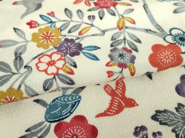 平和屋着物●上質な小紋　型染　立波花鳥文　貝殻　鬼しぼ縮緬　正絹　逸品　DABF7900ps