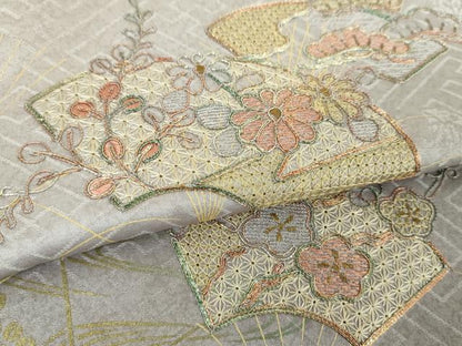 平和屋着物●中国三大刺繍 スワトウ刺繍 汕頭刺繍 訪問着 駒刺繍 地紙花文 流水花シルエット 暈し染め 金彩 正絹 逸品 DABF7903ps