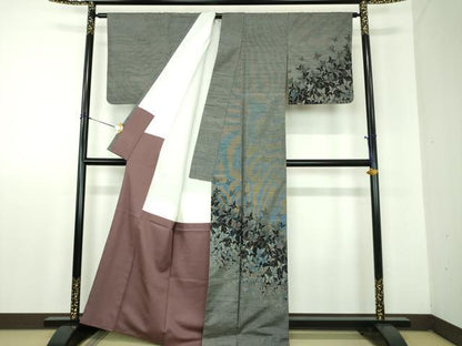 平和屋着物●訪問着　紬地　舞蝶花文　正絹　逸品　DABF7905ps