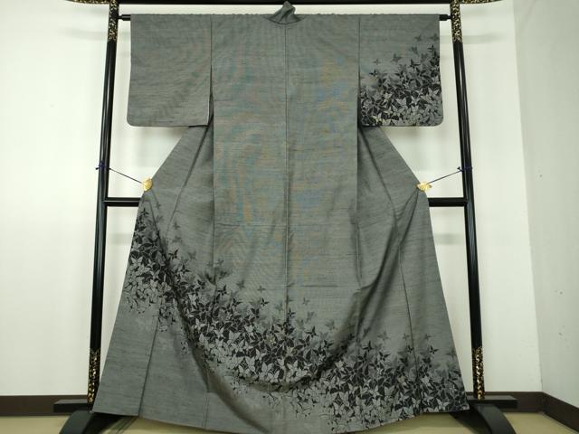 平和屋着物●訪問着　紬地　舞蝶花文　正絹　逸品　DABF7905ps