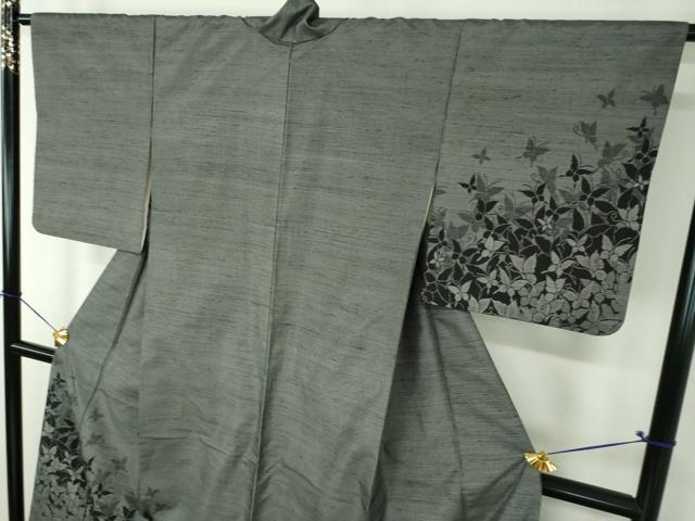 平和屋着物●訪問着　紬地　舞蝶花文　正絹　逸品　DABF7905ps