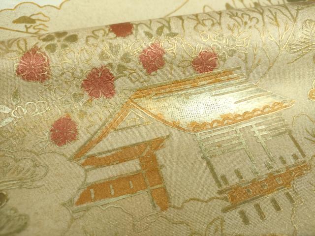 平和屋着物▼太鼓柄袋帯　螺鈿　風景花文　金銀彩　正絹　逸品　DABF7944ps