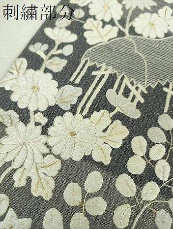 平和屋着物▽中国三大刺繍　相良刺繍　総刺繍　太鼓柄袋帯　スリーシーズン　春夏秋　風景花文　金銀糸　正絹　逸品　DABF7969ps