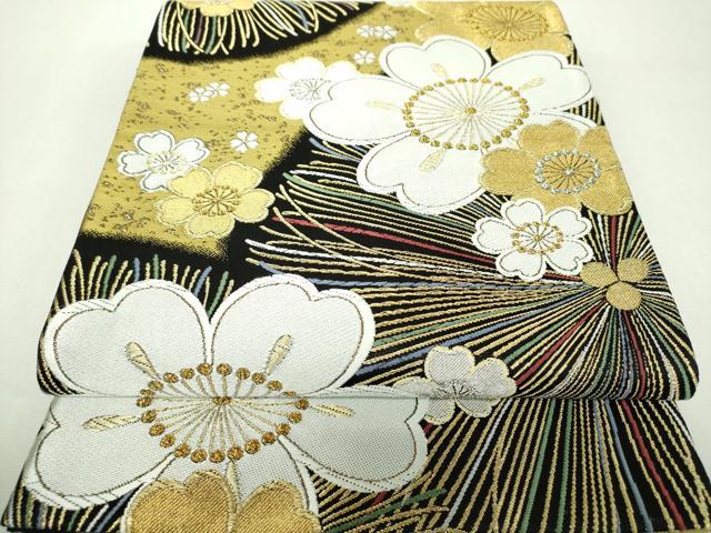 平和屋着物▼六通柄袋帯　花形錦　黒地　金銀糸　正絹　逸品　DABF7981ps