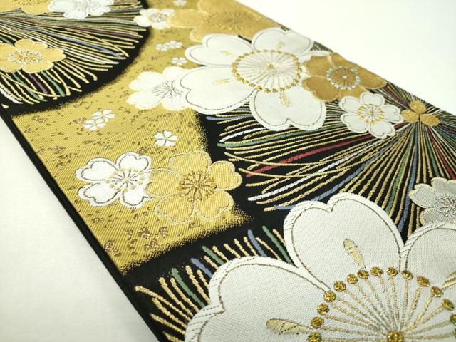平和屋着物▼六通柄袋帯　花形錦　黒地　金銀糸　正絹　逸品　DABF7981ps