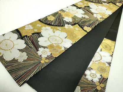 平和屋着物▼六通柄袋帯　花形錦　黒地　金銀糸　正絹　逸品　DABF7981ps