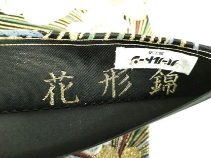 平和屋着物▼六通柄袋帯　花形錦　黒地　金銀糸　正絹　逸品　DABF7981ps