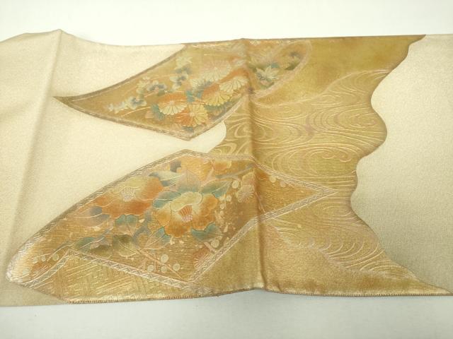 平和屋着物▼綴れ　六通柄袋帯　流水花絵巻　金銀彩　正絹　逸品　DABF7987ps