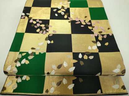 平和屋着物▼六通柄袋帯　市松舞桜　ラメ糸　金糸　正絹　逸品　DABF7988ps