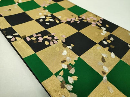 平和屋着物▼六通柄袋帯　市松舞桜　ラメ糸　金糸　正絹　逸品　DABF7988ps