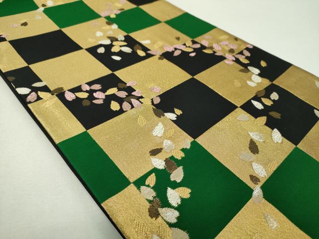 平和屋着物▼六通柄袋帯　市松舞桜　ラメ糸　金糸　正絹　逸品　DABF7988ps