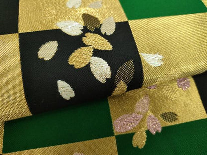 平和屋着物▼六通柄袋帯　市松舞桜　ラメ糸　金糸　正絹　逸品　DABF7988ps