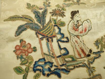 平和屋着物●アンティーク 大正ロマン 中国三大刺繍 相良刺繍 総刺繍 九寸名古屋帯 駒刺繍 人物風景花文 金糸 正絹 逸品 DABF7996ps