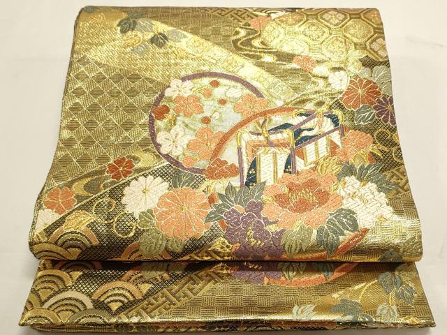平和屋着物◎佐賀錦 六通柄袋帯 唐織 鼓御所車花文 金糸 正絹 逸品 DABF8010we