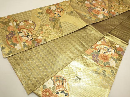平和屋着物◎佐賀錦 六通柄袋帯 唐織 鼓御所車花文 金糸 正絹 逸品 DABF8010we