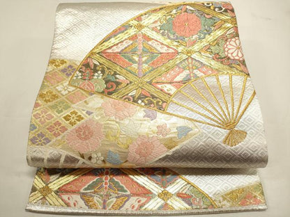 平和屋着物◎佐賀錦 西陣 野々村織物謹製 六通柄袋帯 唐織 扇面吉祥花蝶文 金銀糸 正絹 逸品 DABF8014we