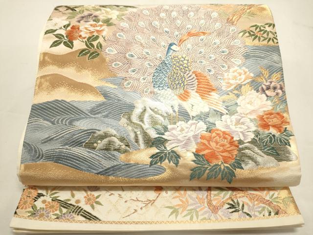 平和屋着物◎六通柄袋帯 唐織 籬流水花鳥文 孔雀 金糸 正絹 逸品 DABF8040we