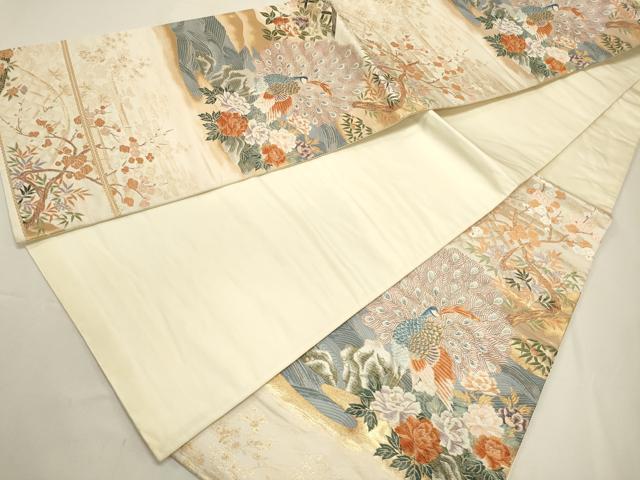 平和屋着物◎六通柄袋帯 唐織 籬流水花鳥文 孔雀 金糸 正絹 逸品 DABF8040we