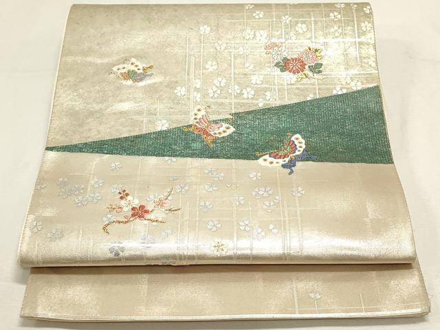 平和屋着物◎太鼓柄袋帯 唐織 舞蝶花文 銀糸 四次元箔 正絹 逸品 DABF8047we