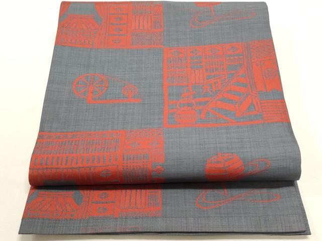 平和屋着物◎全通柄袋帯 糸車 市松風景文 正絹 逸品 DABF8057we