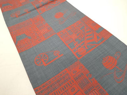 平和屋着物◎全通柄袋帯 糸車 市松風景文 正絹 逸品 DABF8057we