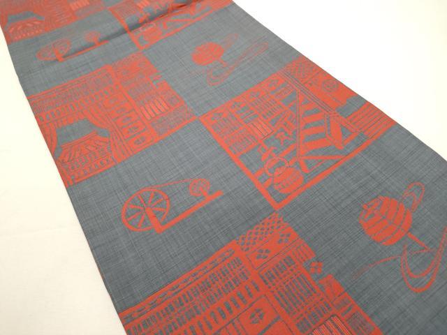 平和屋着物◎全通柄袋帯 糸車 市松風景文 正絹 逸品 DABF8057we
