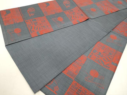 平和屋着物◎全通柄袋帯 糸車 市松風景文 正絹 逸品 DABF8057we