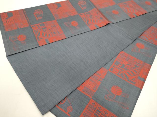 平和屋着物◎全通柄袋帯 糸車 市松風景文 正絹 逸品 DABF8057we