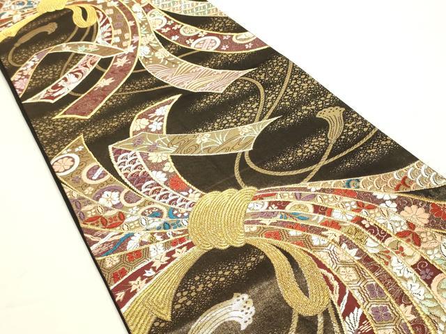 平和屋着物◎六通柄袋帯 束ね熨斗吉祥花文 黒地 金糸 正絹