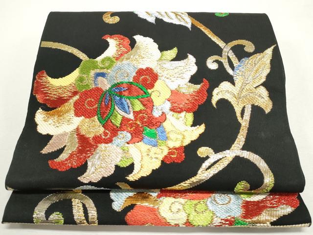 平和屋着物◎六通柄　本袋帯　唐織　名物唐花文　黒地　金銀糸　正絹　逸品　DABF8076we