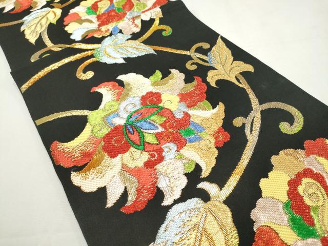 平和屋着物◎六通柄　本袋帯　唐織　名物唐花文　黒地　金銀糸　正絹　逸品　DABF8076we